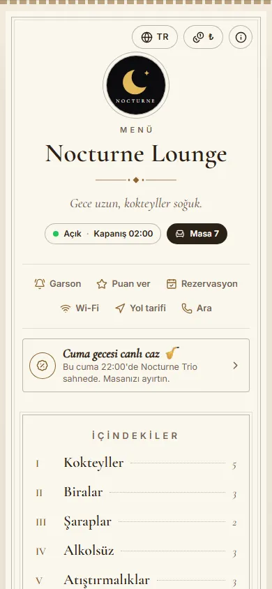 Nocturne Lounge menüsü, Klasik tasarımıyla