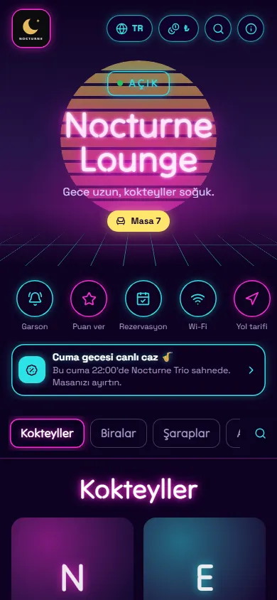 Nocturne Lounge menüsü, Neon tasarımıyla