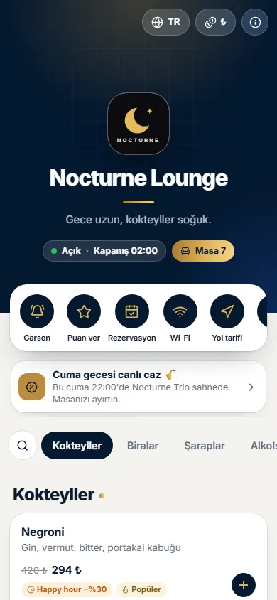 Nocturne Lounge menüsü, Okzen tasarımıyla