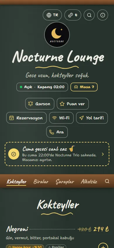 Nocturne Lounge menüsü, Kara Tahta tasarımıyla