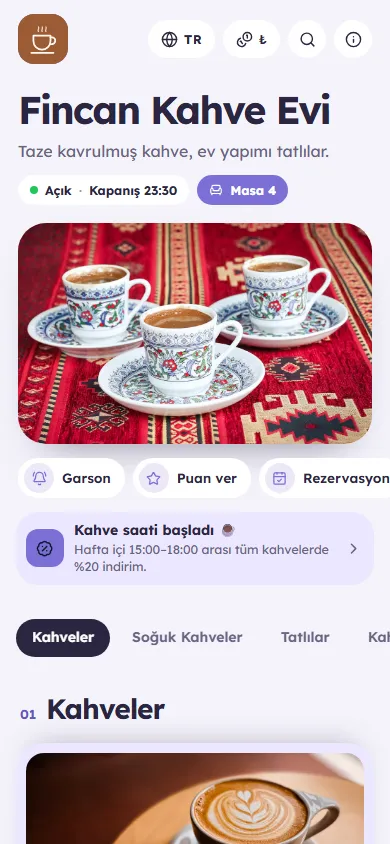 Fincan Kahve Evi menüsü, Deste tasarımıyla