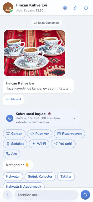 Fincan Kahve Evi menüsü, Sohbet tasarımıyla