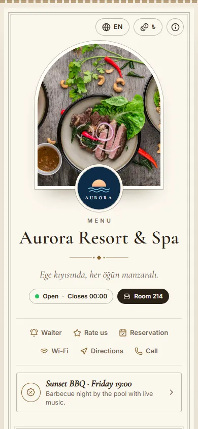 Aurora Resort & Spa menüsü, Klasik tasarımıyla
