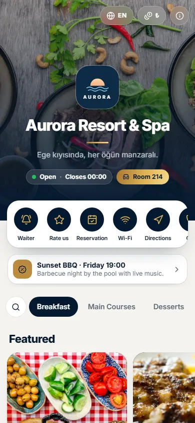 Aurora Resort & Spa menüsü, Okzen tasarımıyla