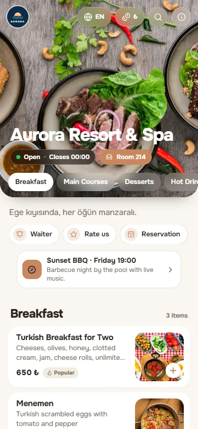Aurora Resort & Spa menüsü, Panorama tasarımıyla