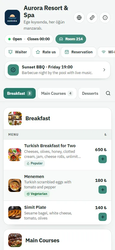 Aurora Resort & Spa menüsü, Tablo tasarımıyla