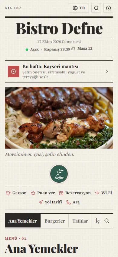 Bistro Defne menüsü, Gazete tasarımıyla