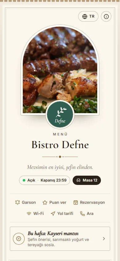 Bistro Defne menüsü, Klasik tasarımıyla